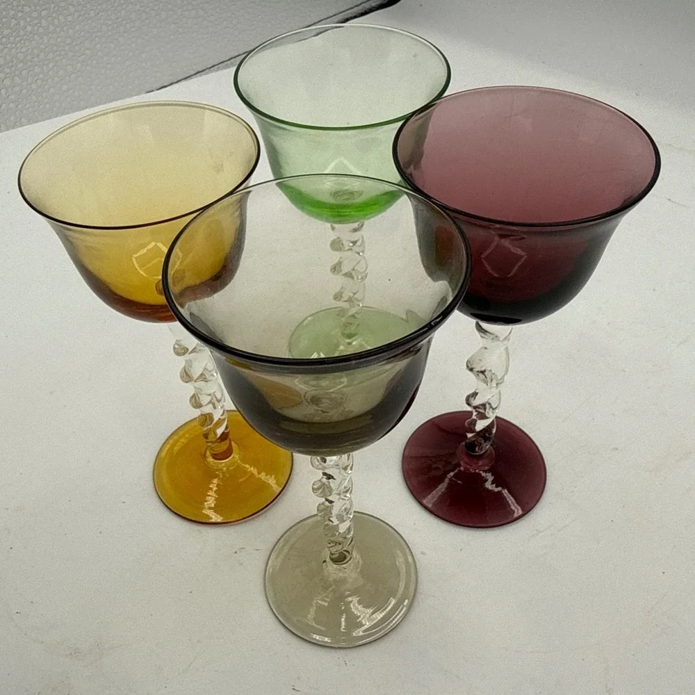 Vintage Harlequin Clear Twisted Stem Wine Glasses Set of 4 Tulip Barware